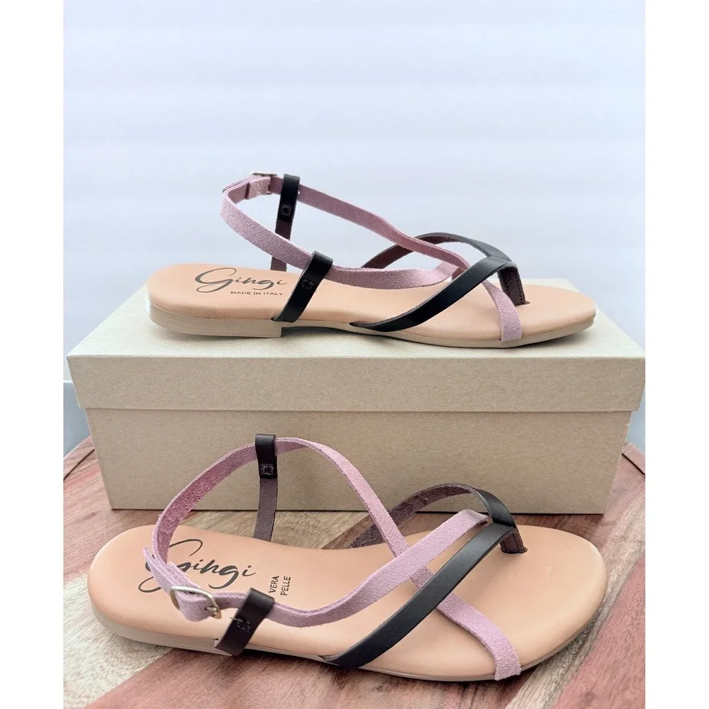 Gingi Italian Leather Strappy Flat‎ Sandals Size US 7-7.5  Pink Brown Vera Pelle